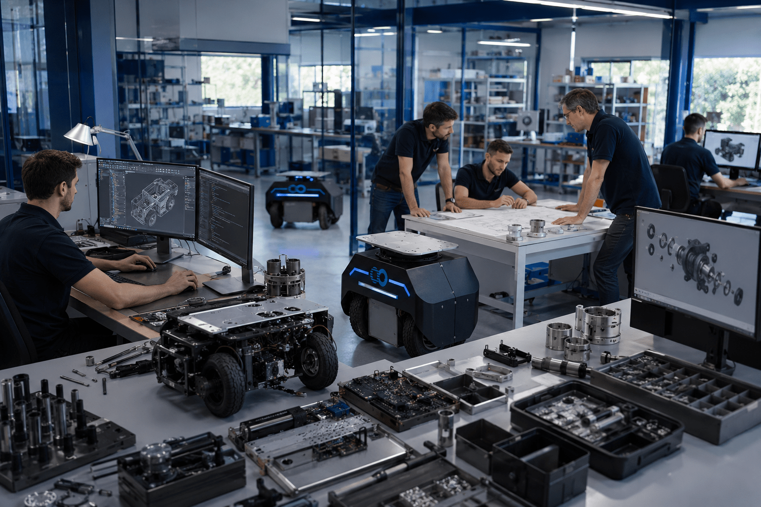 Équipe d’ingénierie travaillant dans un atelier de développement robotique