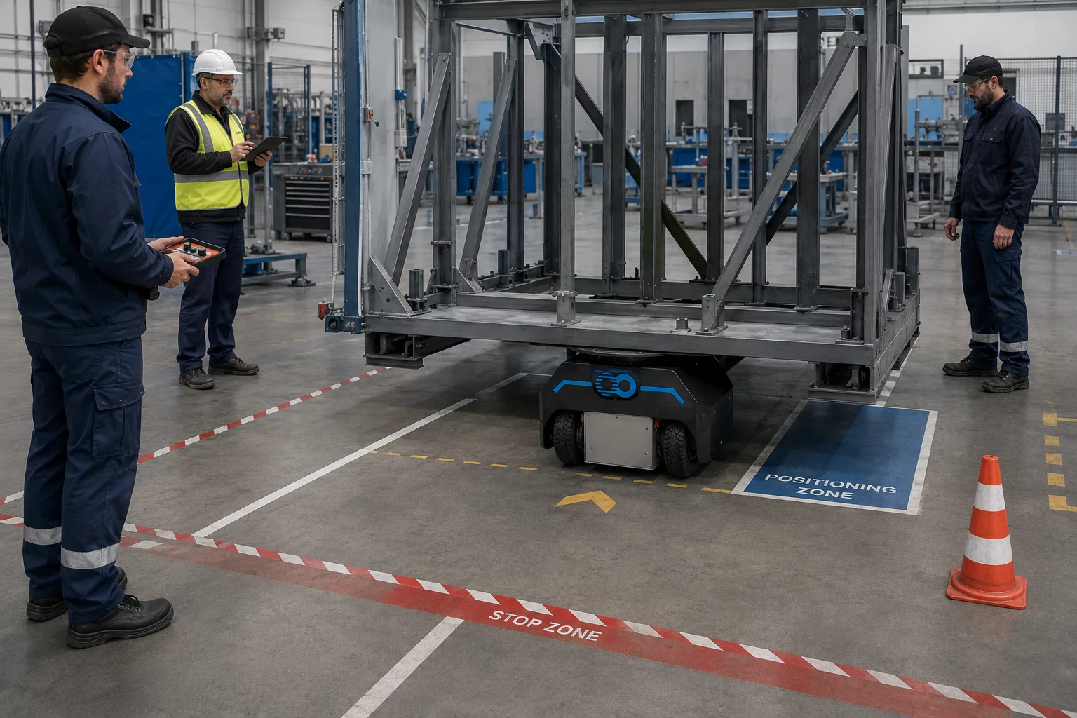 Équipe testant le déplacement automatisé d’une grande structure industrielle dans une zone contrôlée