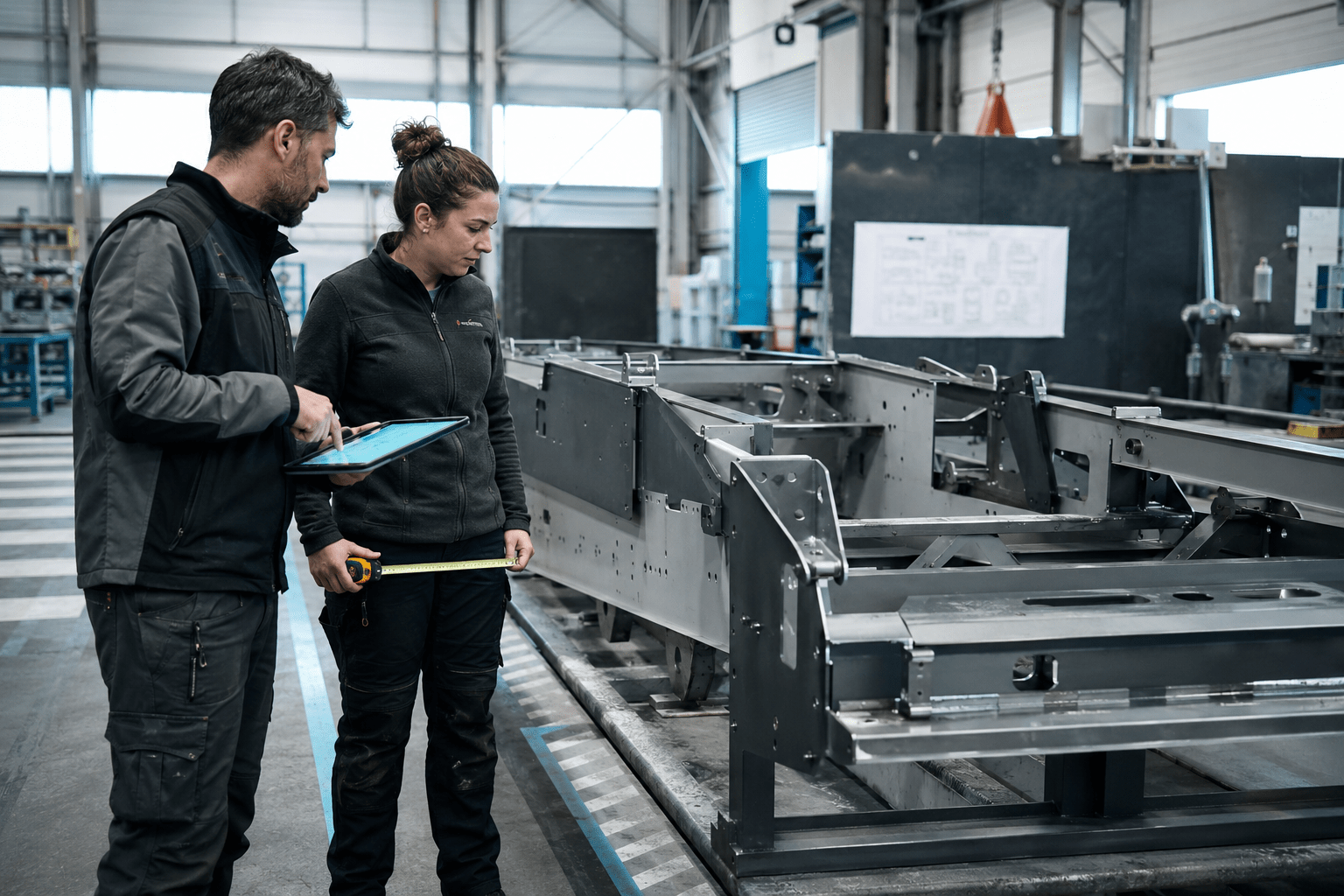 Équipe technique analysant les dimensions et le parcours d’une structure industrielle