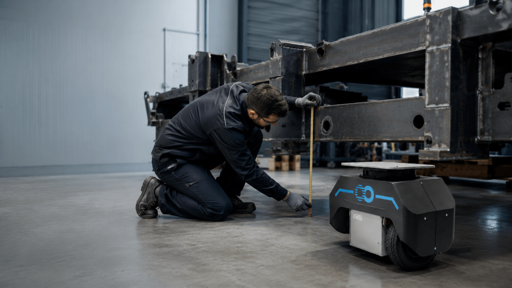 Technicien mesurant une structure industrielle avant l’étude de son automatisation avec un Node FreeMoov