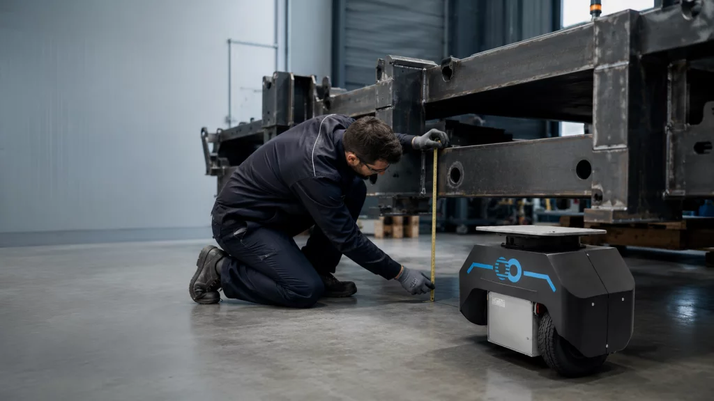 Technicien mesurant une structure industrielle avant l’étude de son automatisation avec un Node FreeMoov