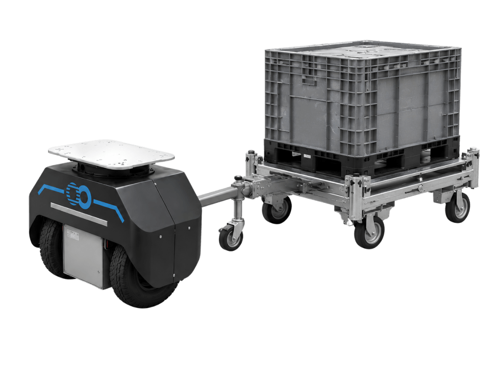 Node FreeMoov tractant un chariot de production charge de caisses