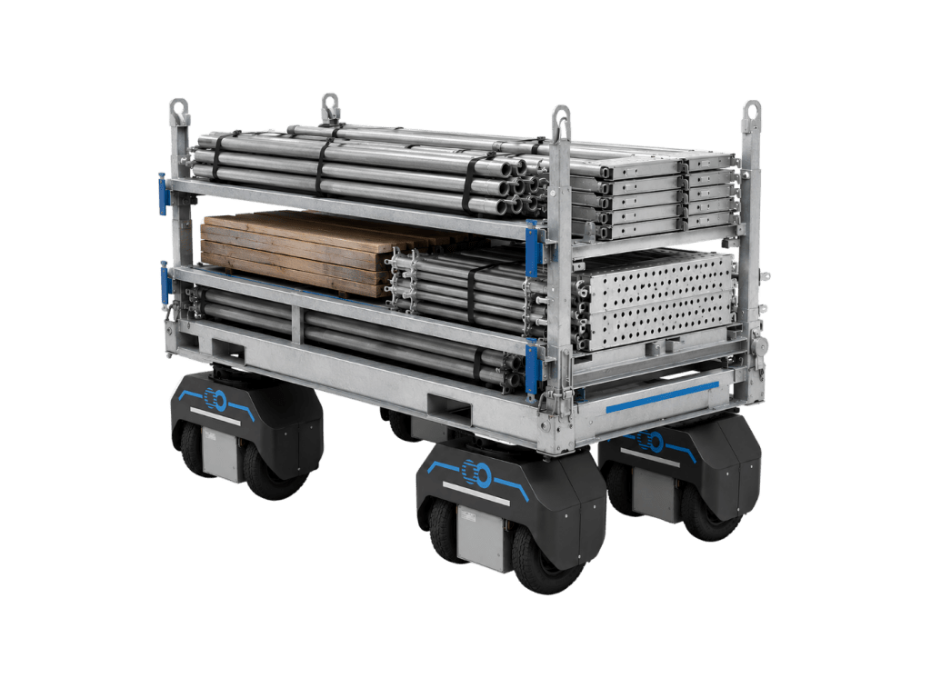 Quatre Nodes FreeMoov deplacant un echafaudage de chantier