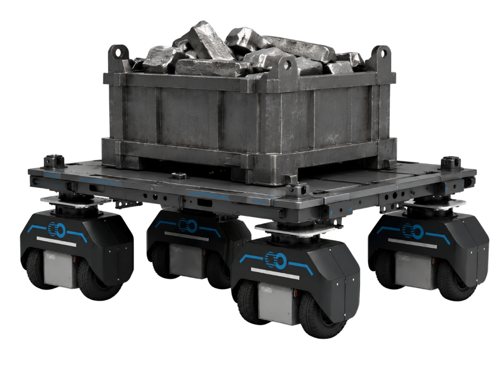 Quatre Nodes FreeMoov transportant un bac de charge lourde en fonderie