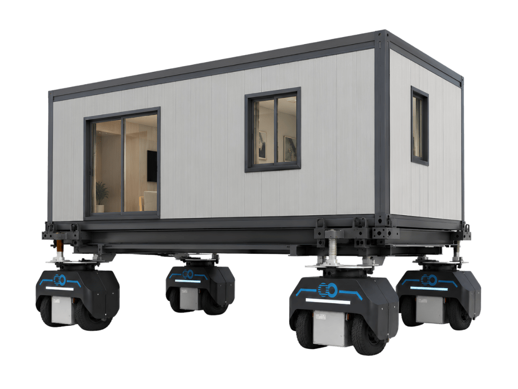 Quatre Nodes FreeMoov deplacant un module de maison modulaire