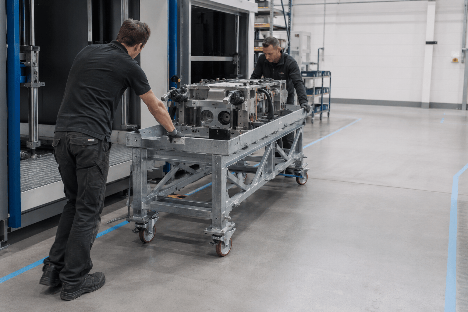 Deux opérateurs repositionnent manuellement une structure industrielle lourde