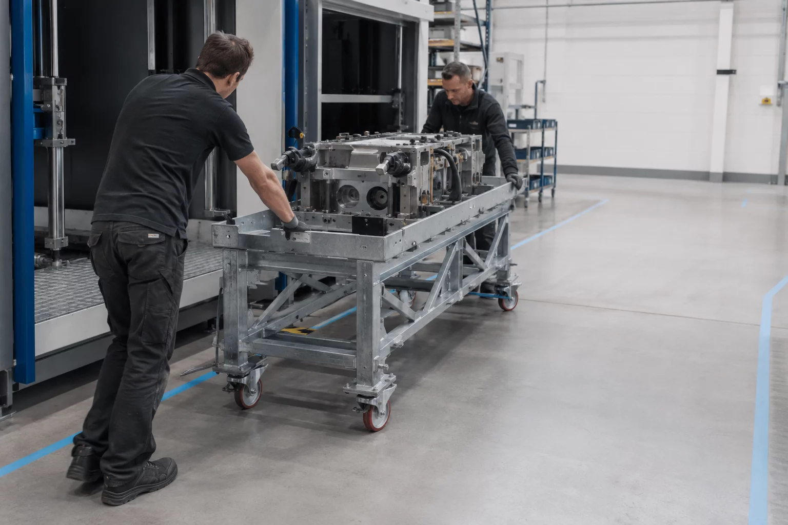 Deux opérateurs repositionnent manuellement une structure industrielle lourde