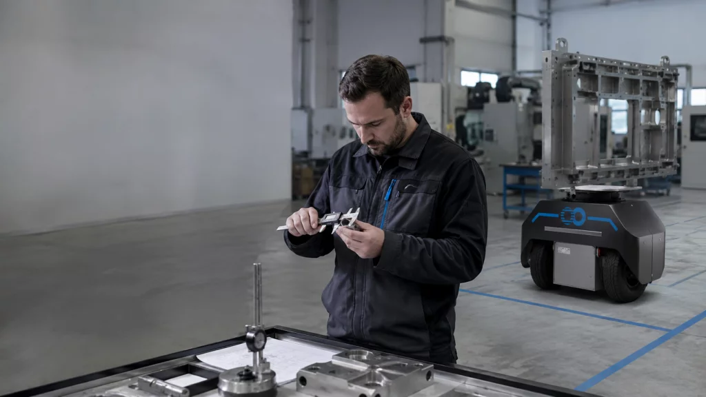Opérateur contrôlant une pièce industrielle pendant qu’un Node FreeMoov déplace une structure