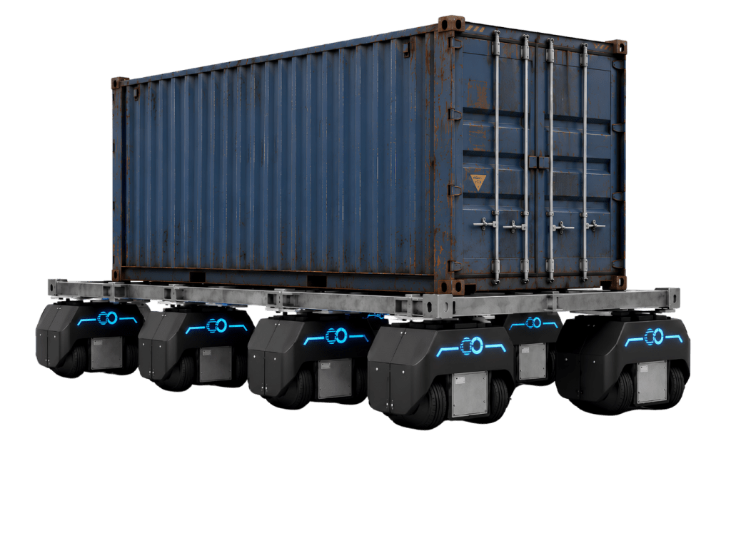 Six Nodes FreeMoov deplacant un conteneur de grande dimension